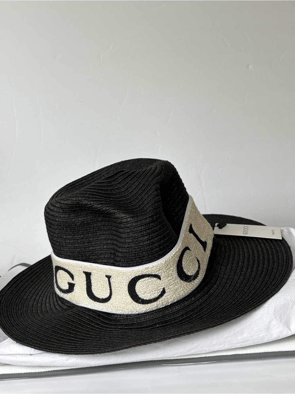 Black Straw Wide-Brim Hat with Ivory Logo Band